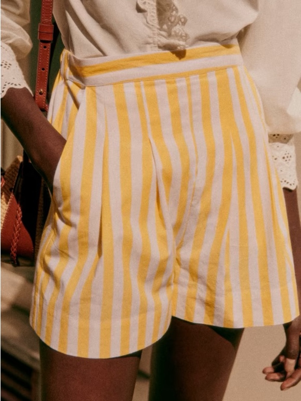 Sezane Yellow & White Striped Nicolo High-Waist Shorts
